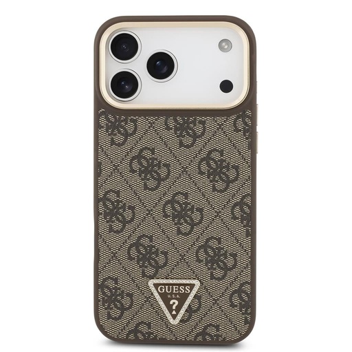 Guess PU Leather 4G Strass Triangle Logo Auriu Frame MagSafe husă iPhone 17 Pro Max (Maro)