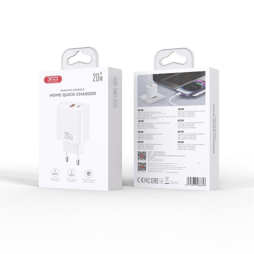 XO CE40(EU) de rețea încărcător rapid (Alb) - 20W, 1xUSB-A + 1xUSB-C
