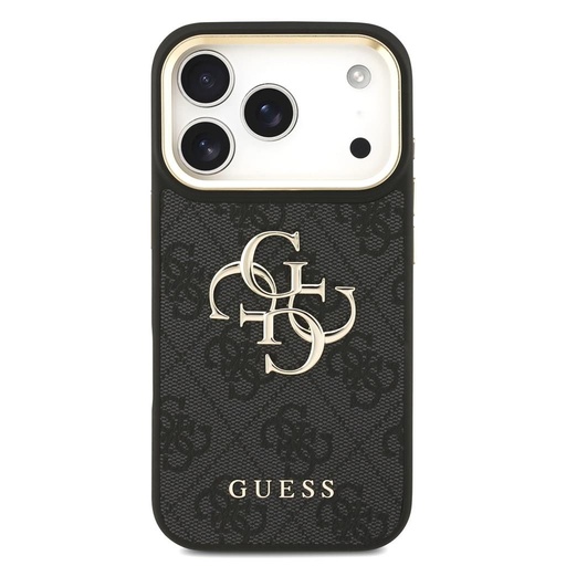 Guess PU Leather 4G Metal Logo Auriu Frame iPhone 17 Pro (Negru)