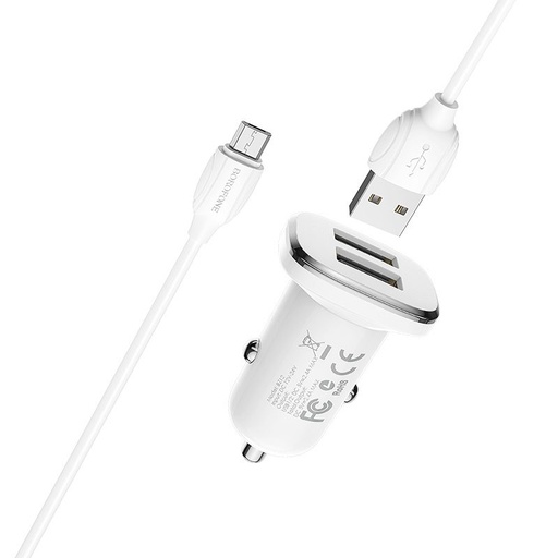 Borofone BZ12 auto încărcător (2 USB port, microUSB cablu), 5V 2,4A, alb