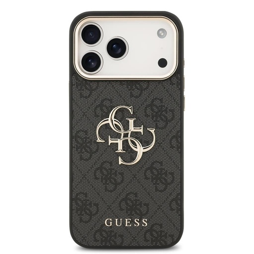 Guess PU Leather 4G Metal Logo Auriu Frame iPhone 17 Pro Max (Negru)