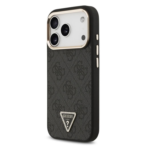 Guess PU Leather 4G Strass Triangle Logo Auriu Frame MagSafe husă iPhone 17 Pro (Negru) - GUHMP17LP4GTDGMK