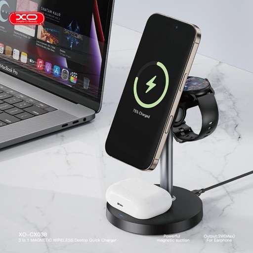 XO CX038 3-in-1 de birou fără fir încărcător (Negru) - 15W