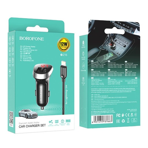 Borofone BZ15 auto încărcător (2 USB port, lightning cablu), LED indicator de stare, 5V 2,4A, negru