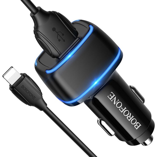 Borofone BZ14 auto încărcător (2 USB port, lightning cablu), 5V 2,4A, negru