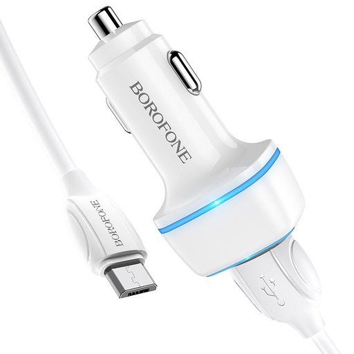 Borofone BZ14 auto încărcător (2 USB port, microUSB cablu), 5V 2,4A, alb