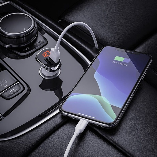 Borofone BZ15 auto încărcător (2 USB port, lightning cablu), 5V 2.4A, LED indicator de stare, alb