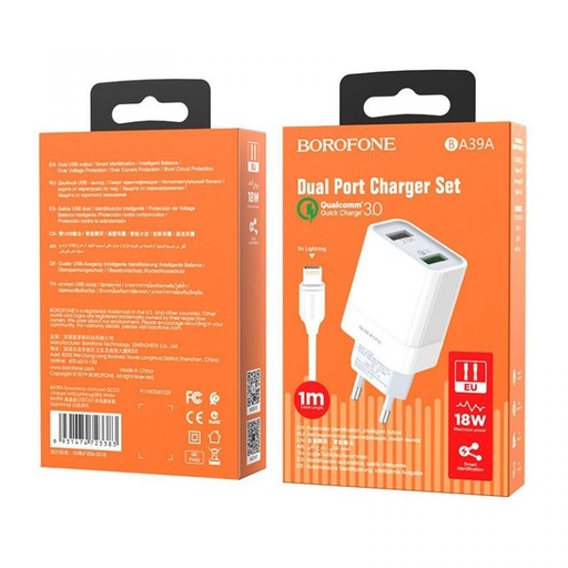Borofone BA39A de rețea încărcător rapid (QC + PD conector), PD lightning cablu, QC 3.0, 18W, alb
