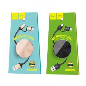 Hoco U23 2in1 cablu (microUSB + type-C), plat, retractabil, 2A, 0,9m, negru