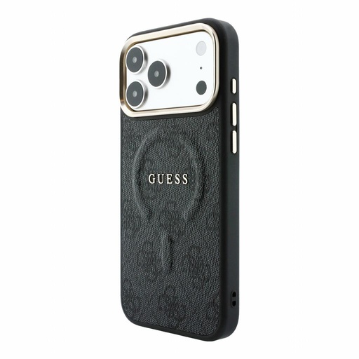 Apple iPhone 18 Pro Max Guess Leather 4G Auriu Frame Embossed MagSafe piele husă de protecție (Negru) (GUHMP18XP4MSEGCK)