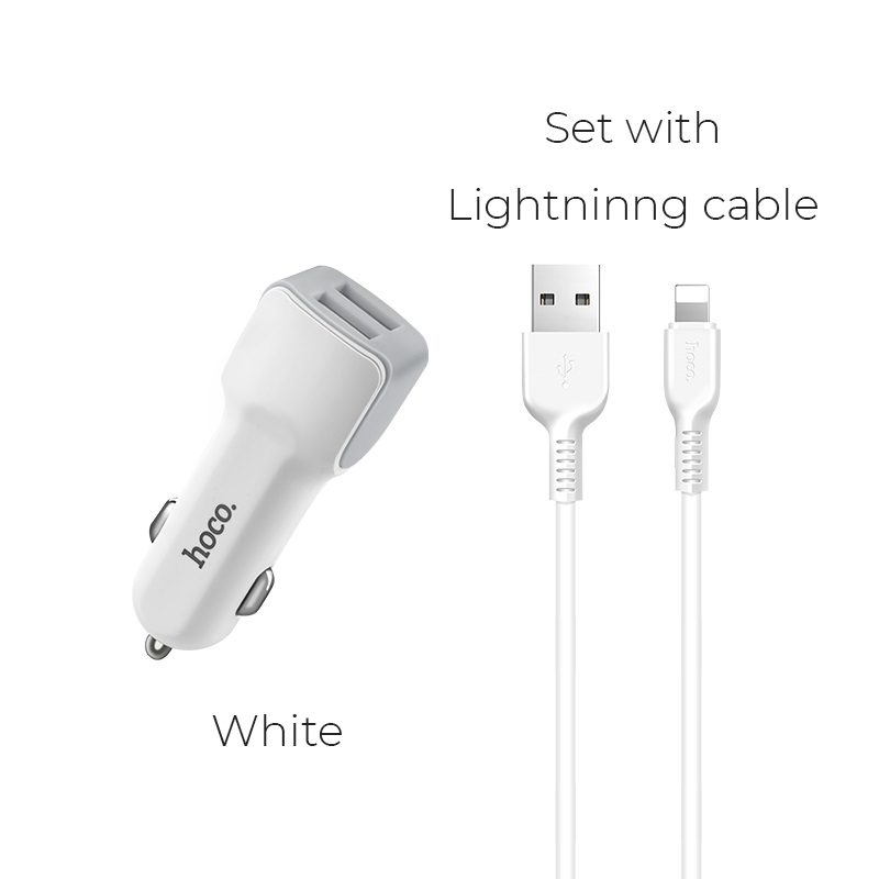 Hoco Z23 autós töltő (2 USB port, lightning kábel), 5V 2,4A, fehér