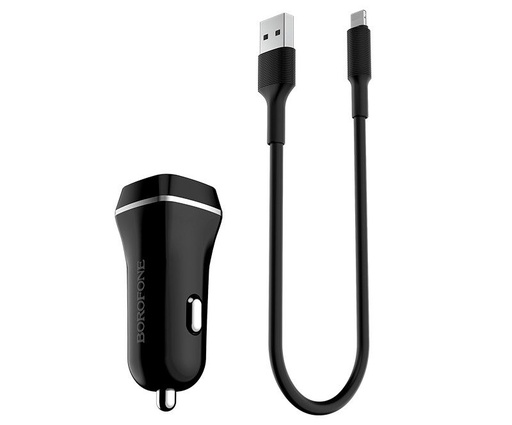 Borofone BZ2 auto încărcător (2 USB port, lightning cablu), 5V 2,4A, negru