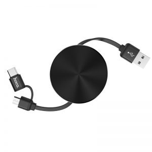 Hoco U23 2in1 cablu (microUSB + type-C), plat, retractabil, 2A, 0,9m, negru