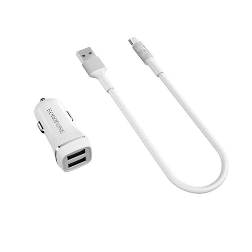 Borofone BZ2 auto încărcător (2 USB port, microUSB cablu), 5V 2,4A, alb