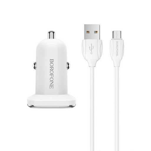 Borofone BZ12 auto încărcător (2 USB port, microUSB cablu), 5V 2,4A, alb