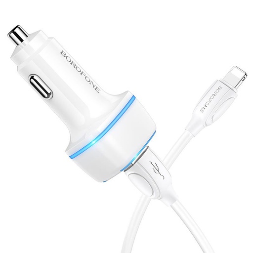 Borofone BZ14 auto încărcător (2 USB port, lightning cablu), 5V 2,4A, alb