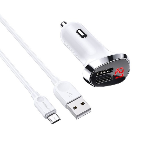 Borofone BZ15 auto încărcător (2 USB port, microUSB cablu), LED indicator de stare, 5V 2,4A, alb