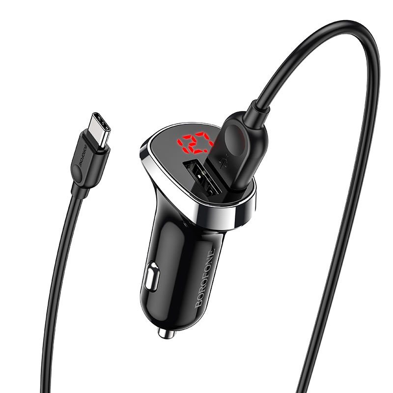 Borofone BZ15 autós töltő (2 USB, type-C kábel), LED állapotjelző, 5V 2,4A, fekete