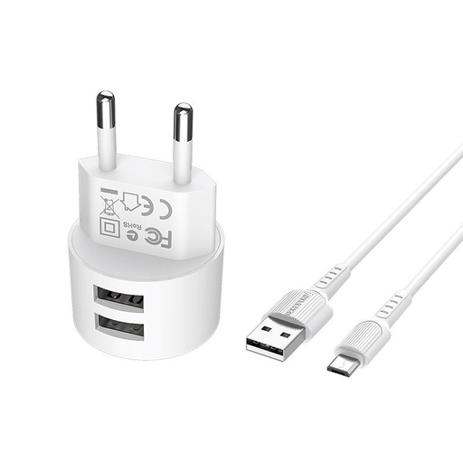 Borofone BA23A de rețea încărcător (2 USB port, microUSB cablu), 5V 2,4A, alb