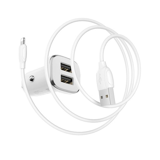 Borofone BZ12 auto încărcător (2 USB port, lightning cablu), 5V 2,4A, alb