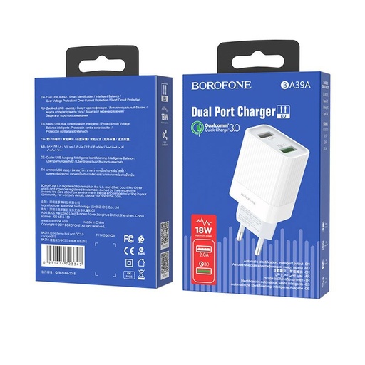 Borofone BA39A de rețea încărcător rapid (2 USB port, microUSB cablu), QC 3.0, max. 18W, alb