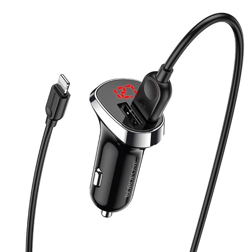 Borofone BZ15 auto încărcător (2 USB port, lightning cablu), LED indicator de stare, 5V 2,4A, negru