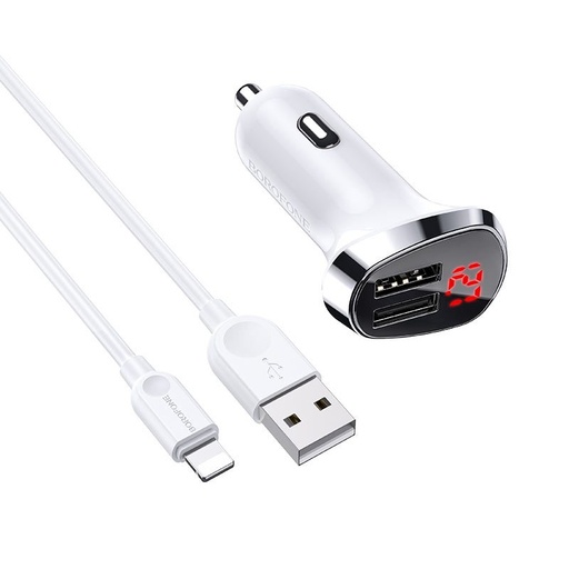 Borofone BZ15 auto încărcător (2 USB port, lightning cablu), 5V 2.4A, LED indicator de stare, alb