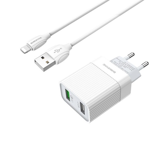 Borofone BA39A de rețea încărcător rapid (QC + PD conector), PD lightning cablu, QC 3.0, 18W, alb