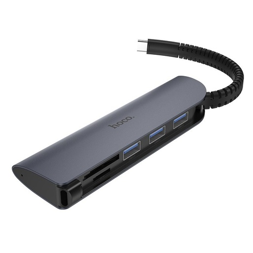 Hoco HB17 HUB, aluminiu aliaj, 3x USB 3.0 port, 5Gbps, SD / SDHC / SDXC, SD3.0 UHS-1, gri