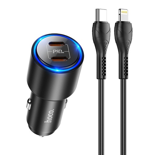Hoco NZ3 PD 3.0 auto încărcător rapid ( 2 USB-C port, lightning cablu), PD 40W, negru