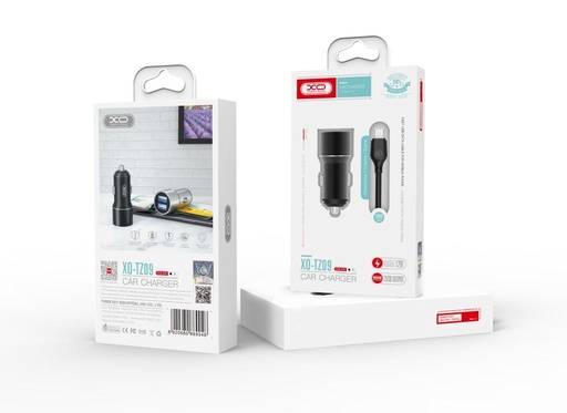 XO TZ09 auto încărcător (Gri) – 2×USB, Lightning cablu, aluminiu carcasă, 12W