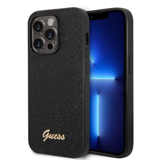 Apple iPhone 14 Pro Max Guess Glitter Flakes Metal Logo husă (Negru) - GUHCP14XHGGSHK