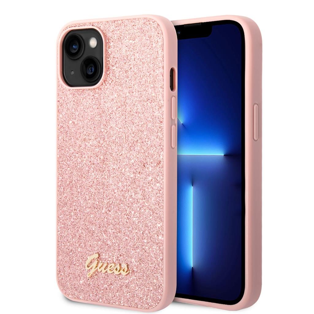 Apple iPhone 14 Guess Glitter Flakes Metal Logo tok (Rózsaszín) - GUHCP14SHGGSHP