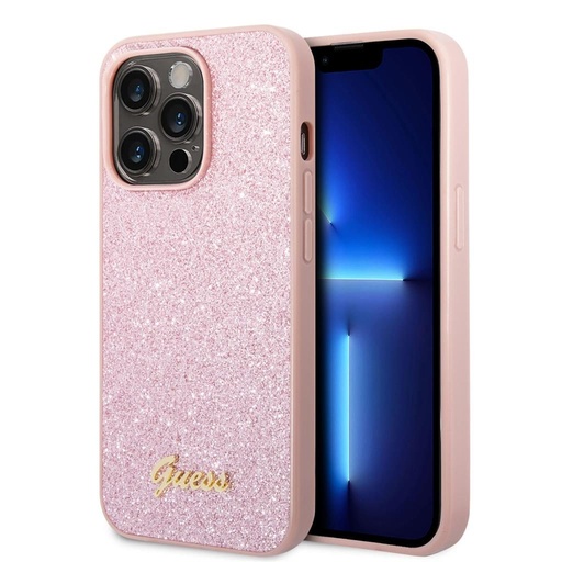 Apple iPhone 14 Pro Guess Glitter Flakes Metal Logo husă (Roz) - GUHCP14LHGGSHP