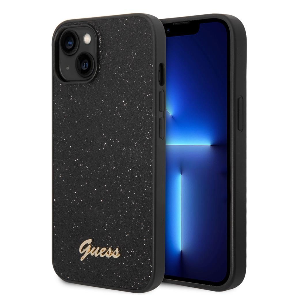 Apple iPhone 14 Plus Guess Glitter Flakes Metal Logo tok (Fekete) - GUHCP14MHGGSHK