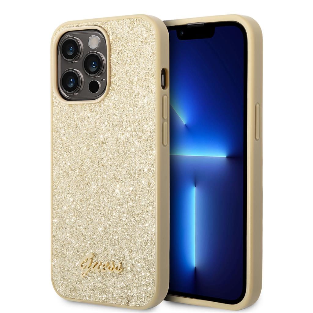 Apple iPhone 14 Pro Max Guess Glitter Flakes Metal Logo tok (Arany) - GUHCP14XHGGSHD