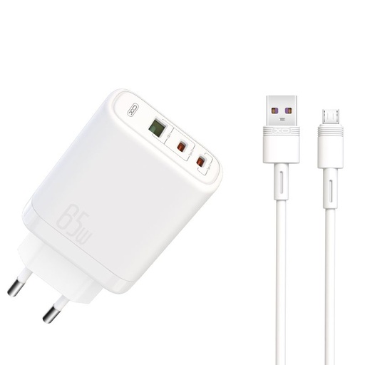 XO CE04 încărcător rapid max. 65W (Alb) – USB-C PD + USB-A QC, Type-C cu cablu