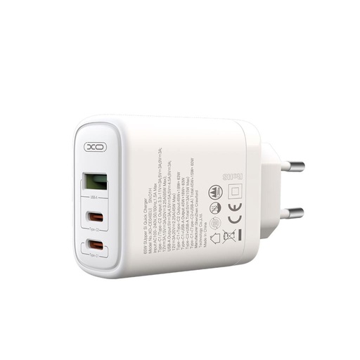 XO CE04 încărcător rapid max. 65W (Alb) – USB-C PD + USB-A QC