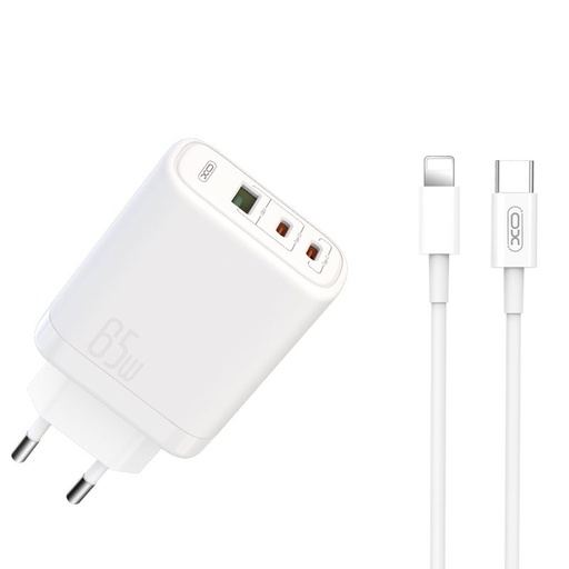 XO CE04 încărcător rapid max. 65W (Alb) – USB-C PD + USB-A QC, micro USB cu cablu