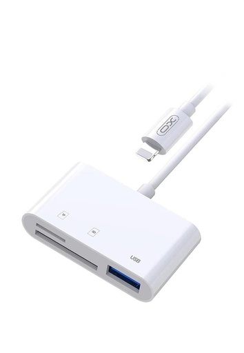 XO HUB006 Lightning 3 az 1-ben adapter (Alb) – USB + SD + microSD conector