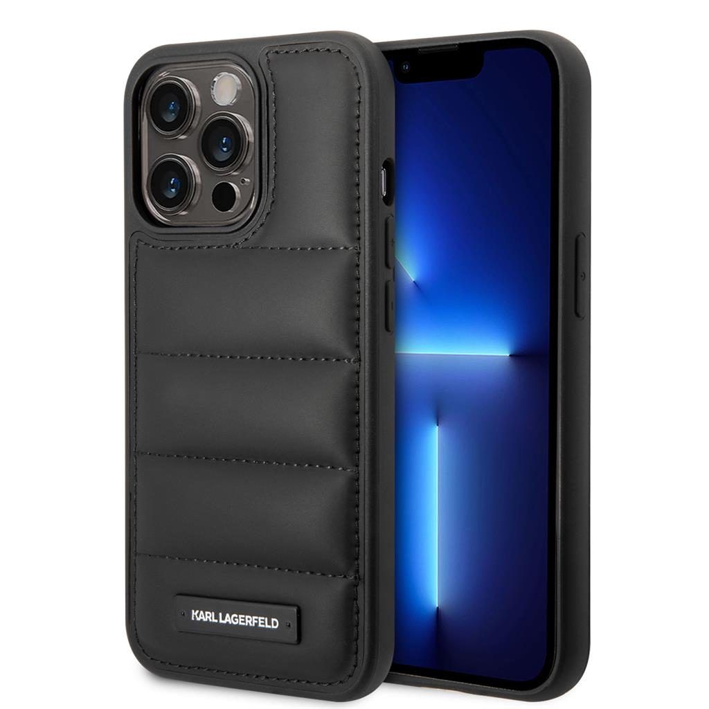 Apple iPhone 14 Pro Max Karl Lagerfeld Quilted Puffy Metal Logo tok (Fekete) – KLHCP14XPSQAK