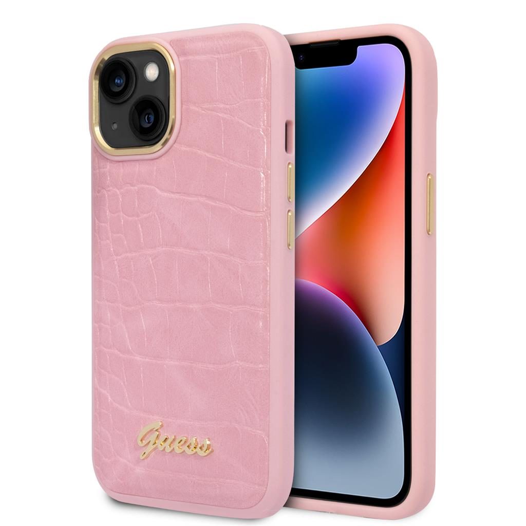 Apple iPhone 14 Plus Guess PU Croco tok fém kamera kerettel (Rózsaszín) - GUHCP14MHGCRHP