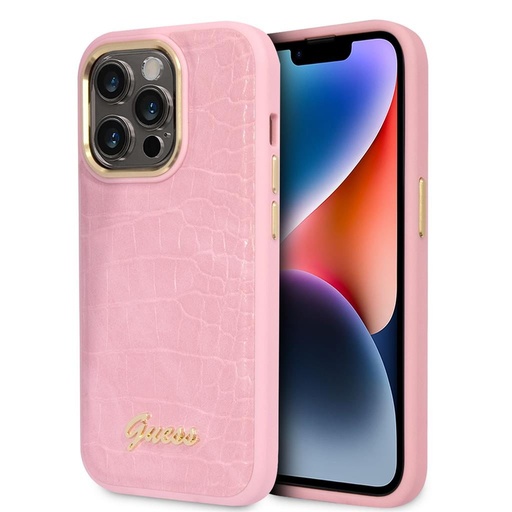 Apple iPhone 14 Pro Max Guess PU Croco husă metal cameră cu ramă (Roz) - GUHCP14XHGCRHP