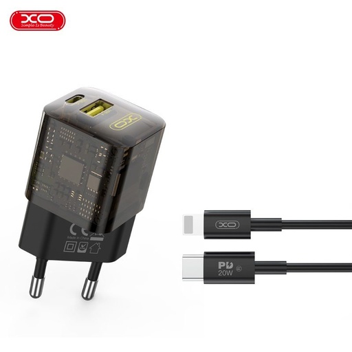 XO CE05 PD 30W încărcător rapid (Maro) – PD 30W + QC 3.0 18W, USB-A + USB-C conector, Lightning cu cablu