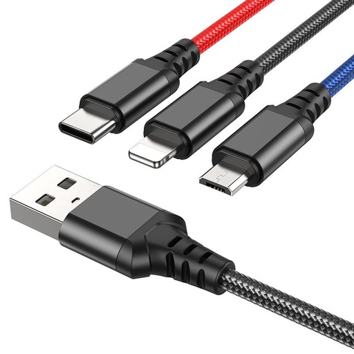 Hoco X76 3in1 cablu (microUSB + type-C + lightning), negru/roșu/albastru