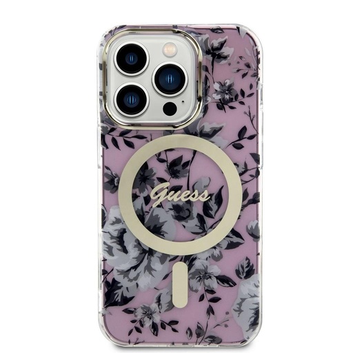 Apple iPhone 14 Pro Guess Flowers IML MagSafe husă (Roz) - GUHMP14LHCFWSP