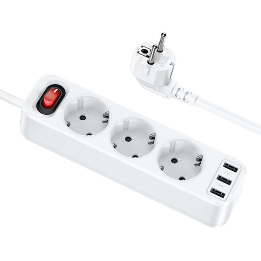 Hoco NS2 mare de mare putere prelungitor mufă, 3 mufă + 3 * USB 5V / 2.4A ieșire alb