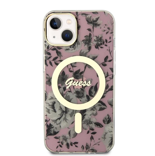 Apple iPhone 14 Guess Flowers IML MagSafe husă (Roz) - GUHMP14SHCFWSP