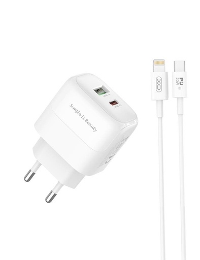 XO L137 PD 20W încărcător rapid (Alb) – PD 20W + QC 18W, USB-A + USB-C conector, Lightning cu cablu