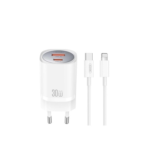 XO CE21 30W GaN încărcător rapid (Alb) – PD 30W, USB-C + USB-A conector, Lightning cu cablu
